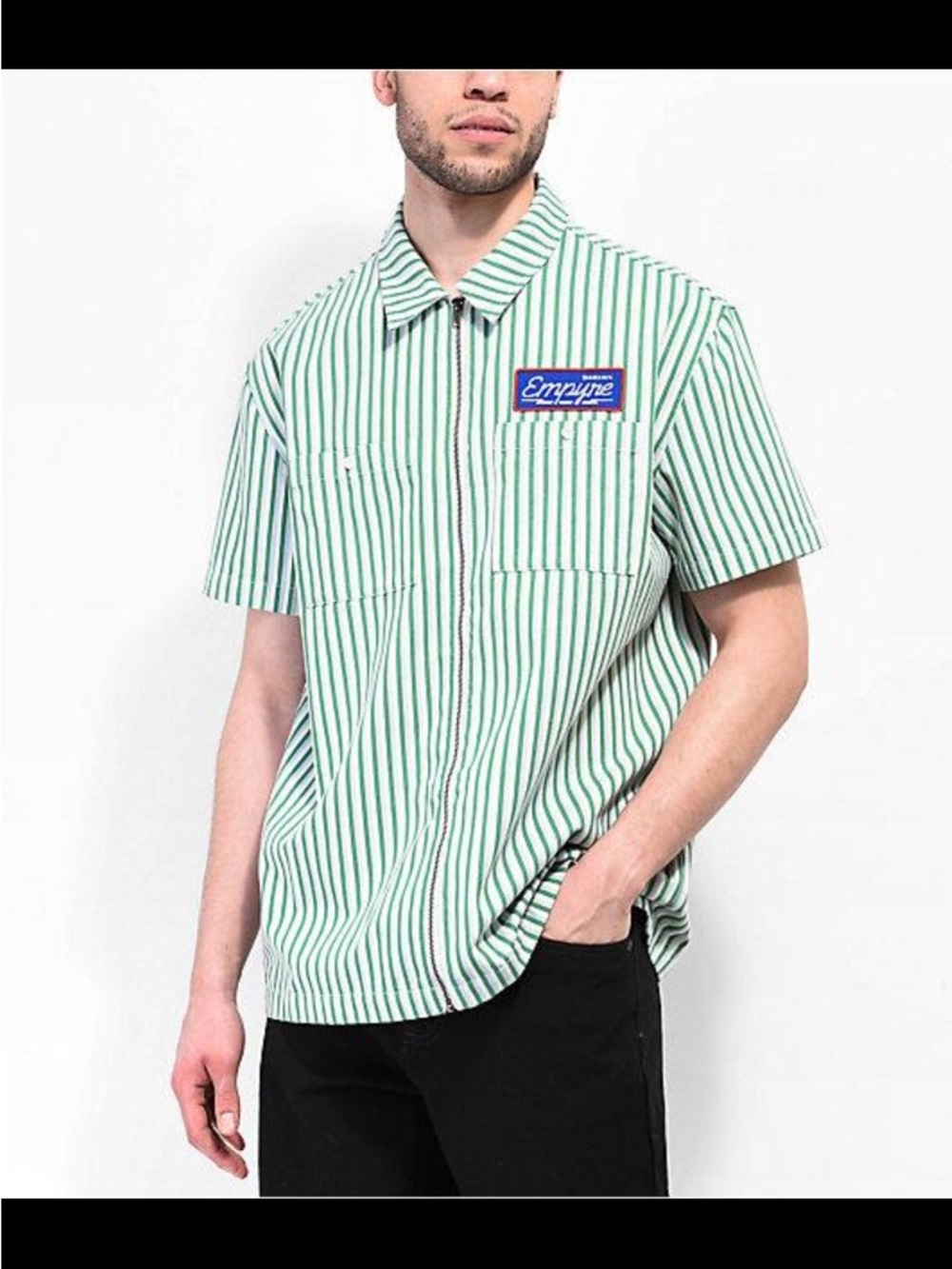 Empyre Striped Zip Work Shirt Green White Logo Patch XXL